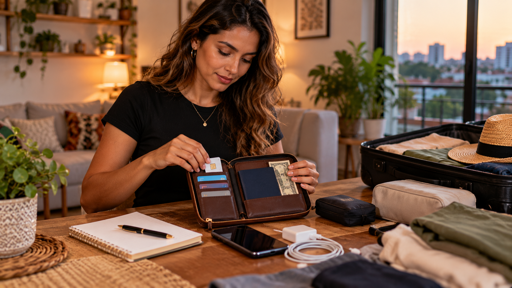 Latina female traveller organizing her travel wallet, cards, passport, cash and essentials at home while preparing for a Ghana trip.