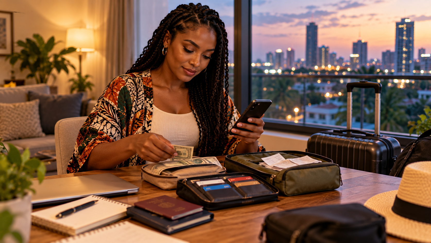 Nigerian female traveller organizing emergency cash, bank cards and travel receipts into secure pouches while checking her Ghana trip budget on a smartphone.