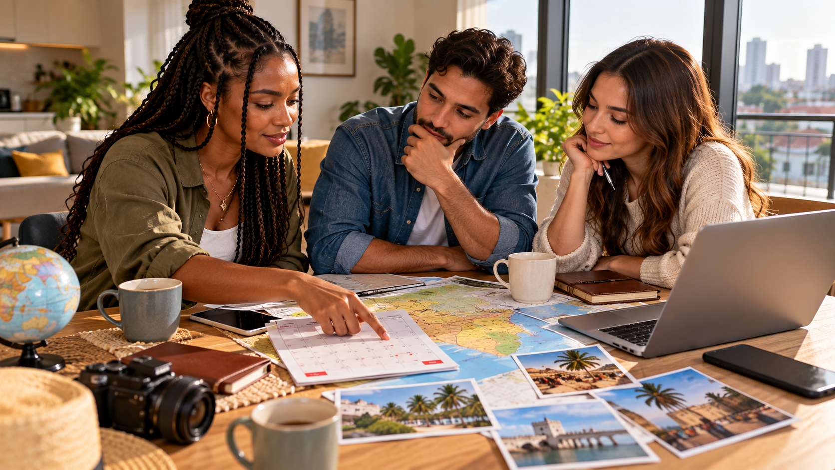 Mixed-ethnicity travellers planning a Ghana holiday around December dates using maps, a calendar and laptop at a London apartment.