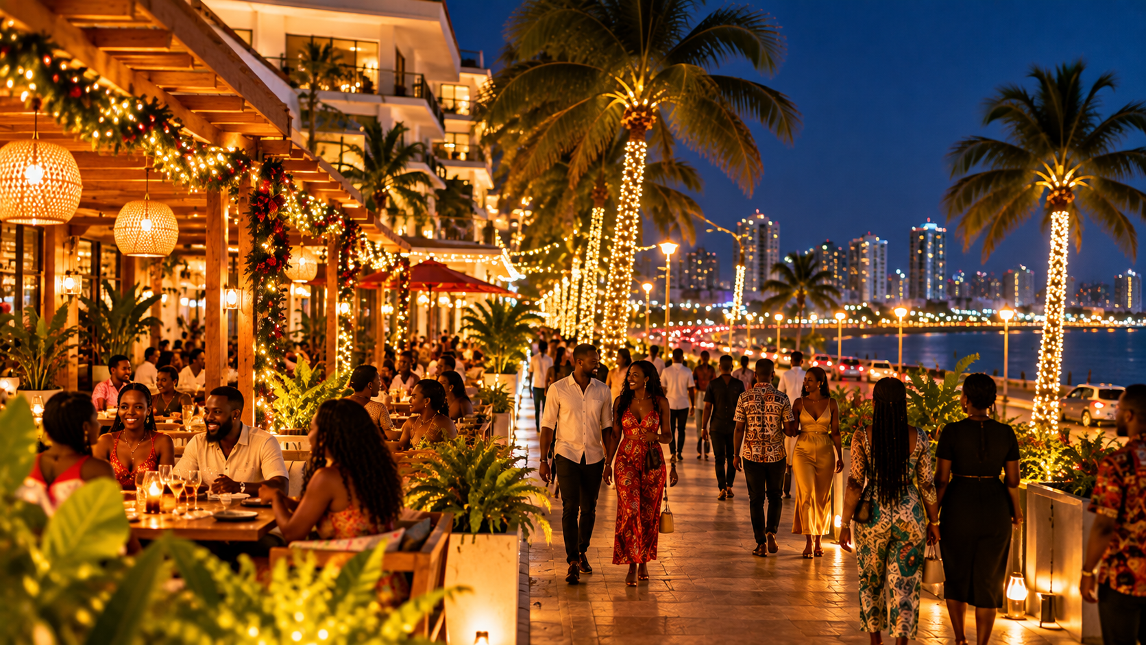 Festive Christmas evening in Accra with palm-lined streets, outdoor restaurants, glowing lights, families and friends enjoying the lively atmosphere.