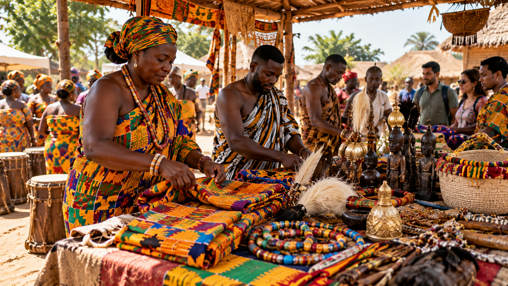 Ghanaian artisans preparing colourful fabrics, ceremonial objects and handmade decorations for a cultural festival in a rural community.