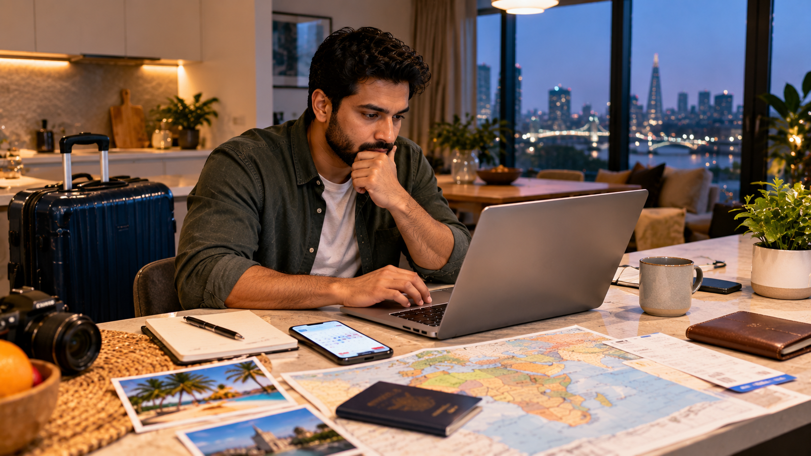 South Asian male traveller comparing Ghana flight and hotel options on a laptop at home, with a smartphone, travel map and suitcase nearby.