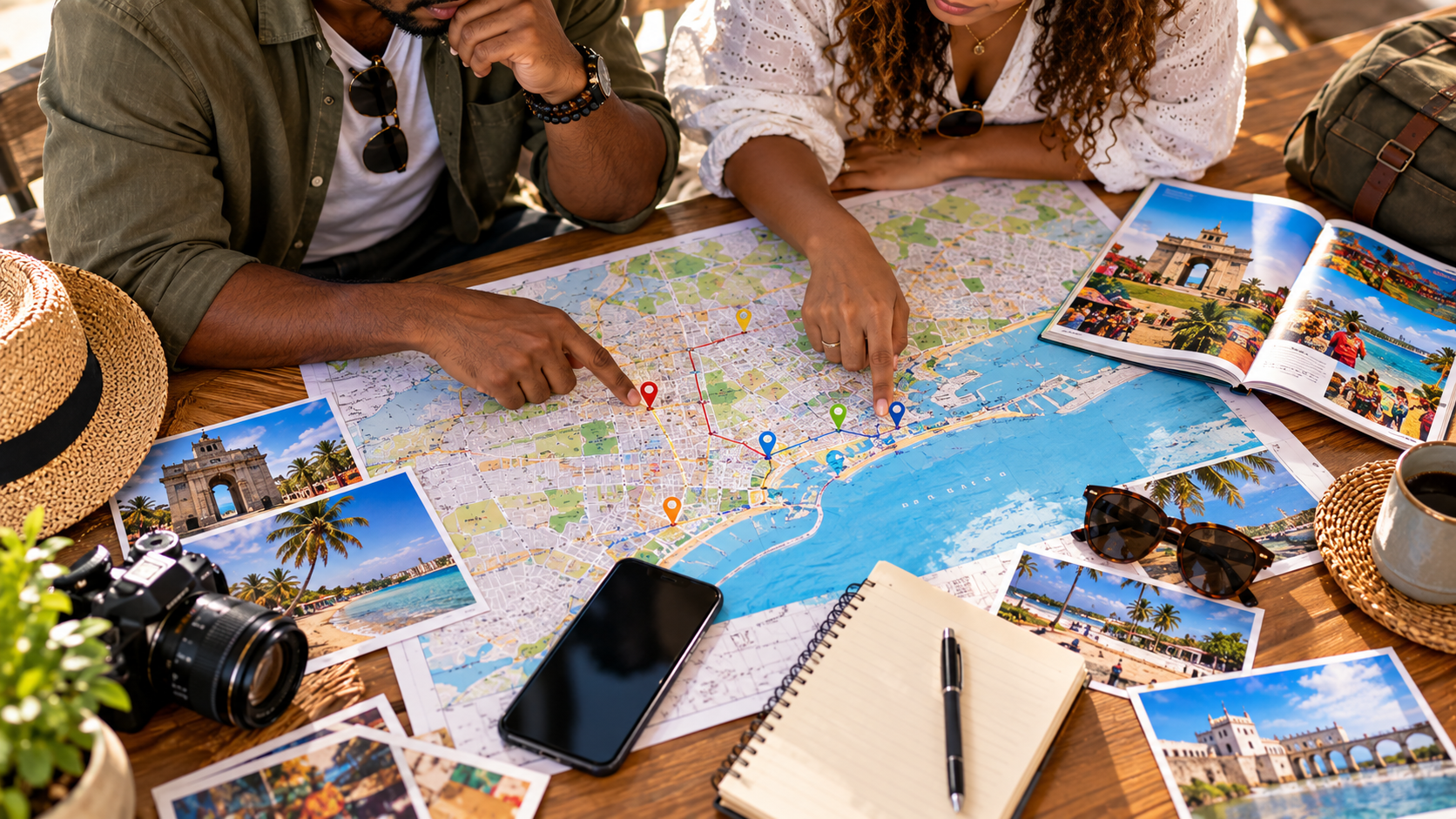Two travellers planning an Accra itinerary using a city map with location markers, travel photos, a smartphone, camera and notebook.