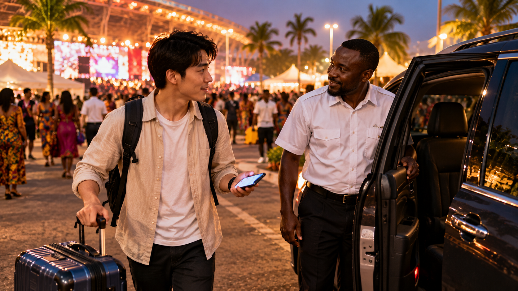 Asian male traveller leaving an evening event in Accra with a local driver waiting beside a private vehicle, with a busy festival crowd and lights in the background.
