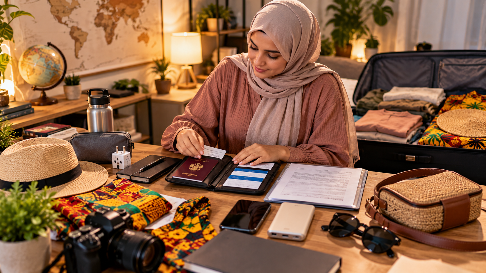 Middle Eastern female traveller preparing for a Ghana festival trip by organizing her passport, travel documents, insurance papers and travel essentials at home.