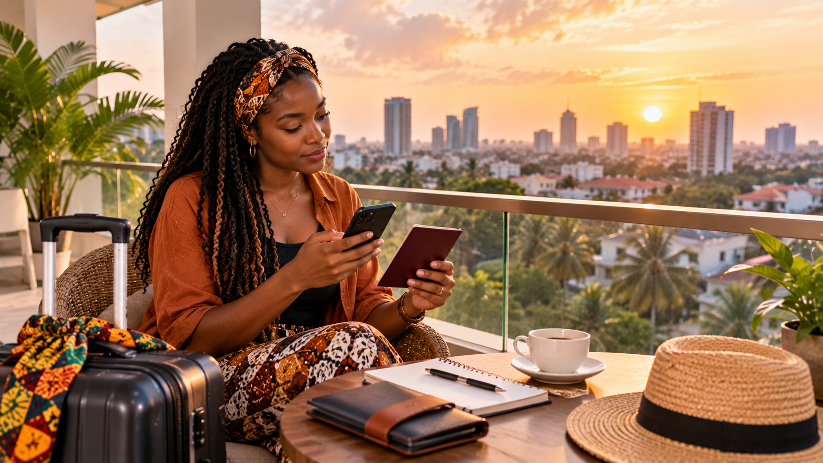 Black female traveller checking her passport and smartphone on a hotel balcony in Accra at sunrise.