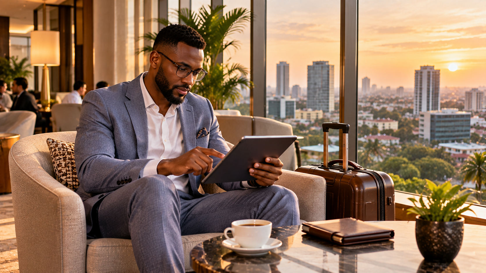 Black male business traveller comparing flight itineraries on a tablet in a modern Accra hotel lounge with his carry-on beside him.