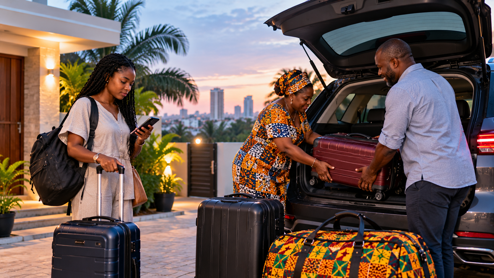 Ghanaian family loading packed suitcases into a private vehicle outside their Accra home at dawn before travelling to the UK.