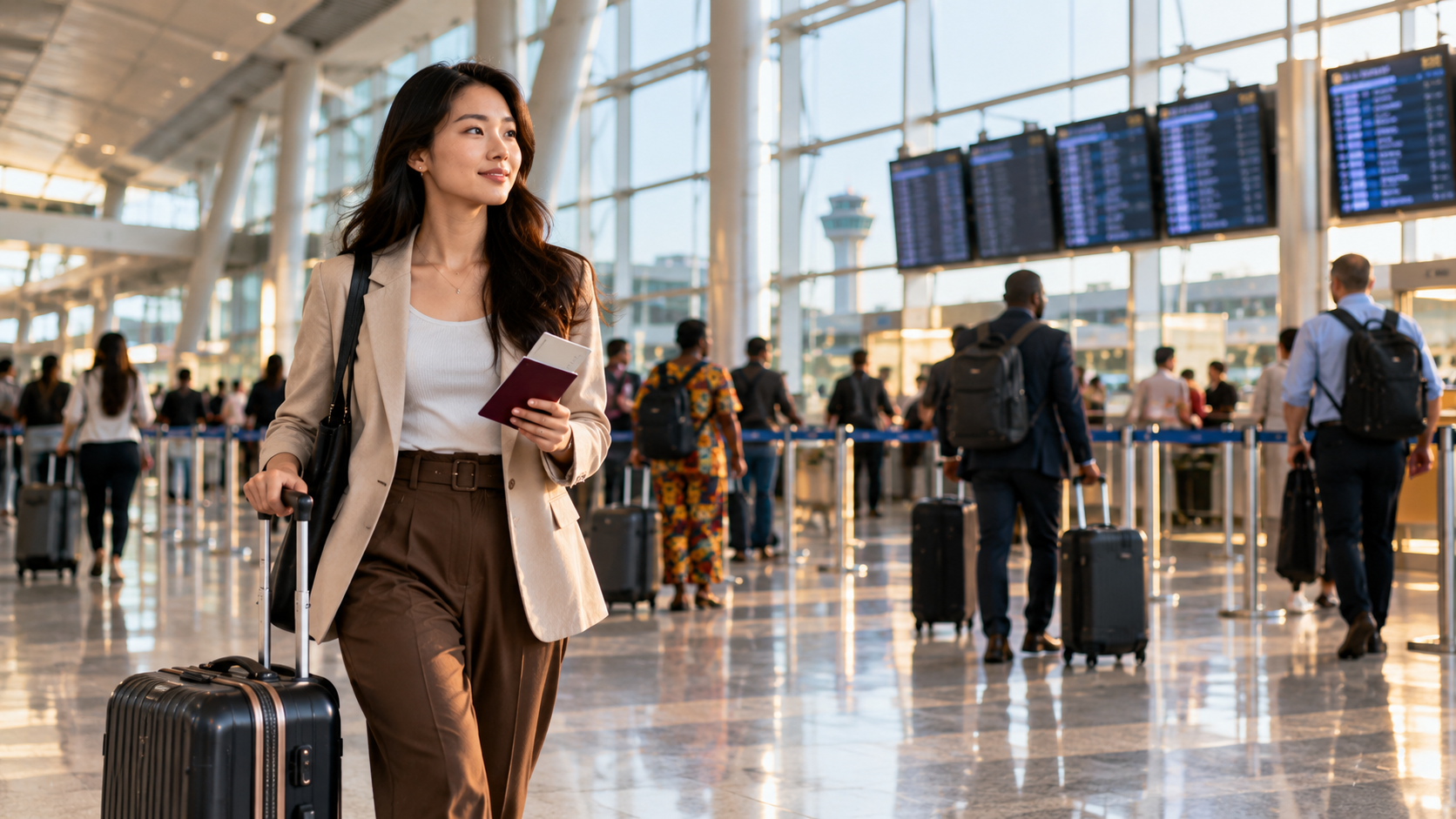 East Asian female traveller walking through Accra airport with a suitcase, passport and boarding pass before her flight to the UK.