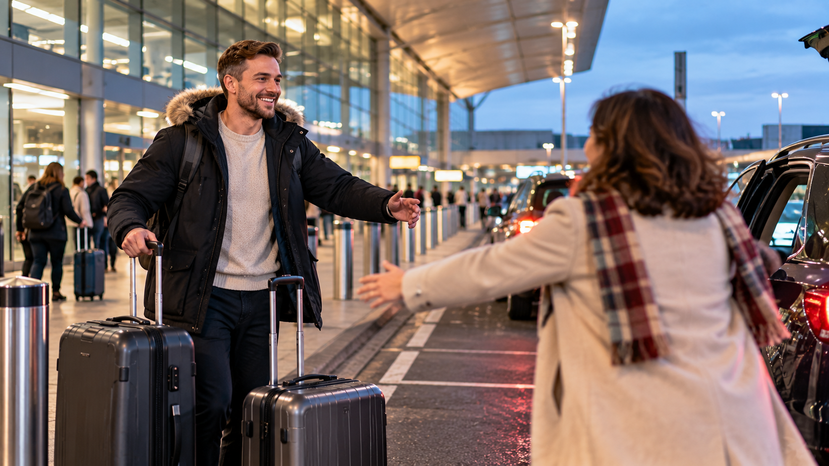 White British male traveller reunited with a family member outside a UK airport terminal after returning from Ghana, with two suitcases beside him.