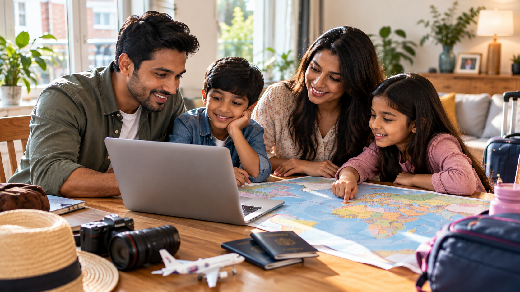 Asian family planning a trip to Ghana at home with children, reviewing a map and laptop alongside passports and travel accessories.