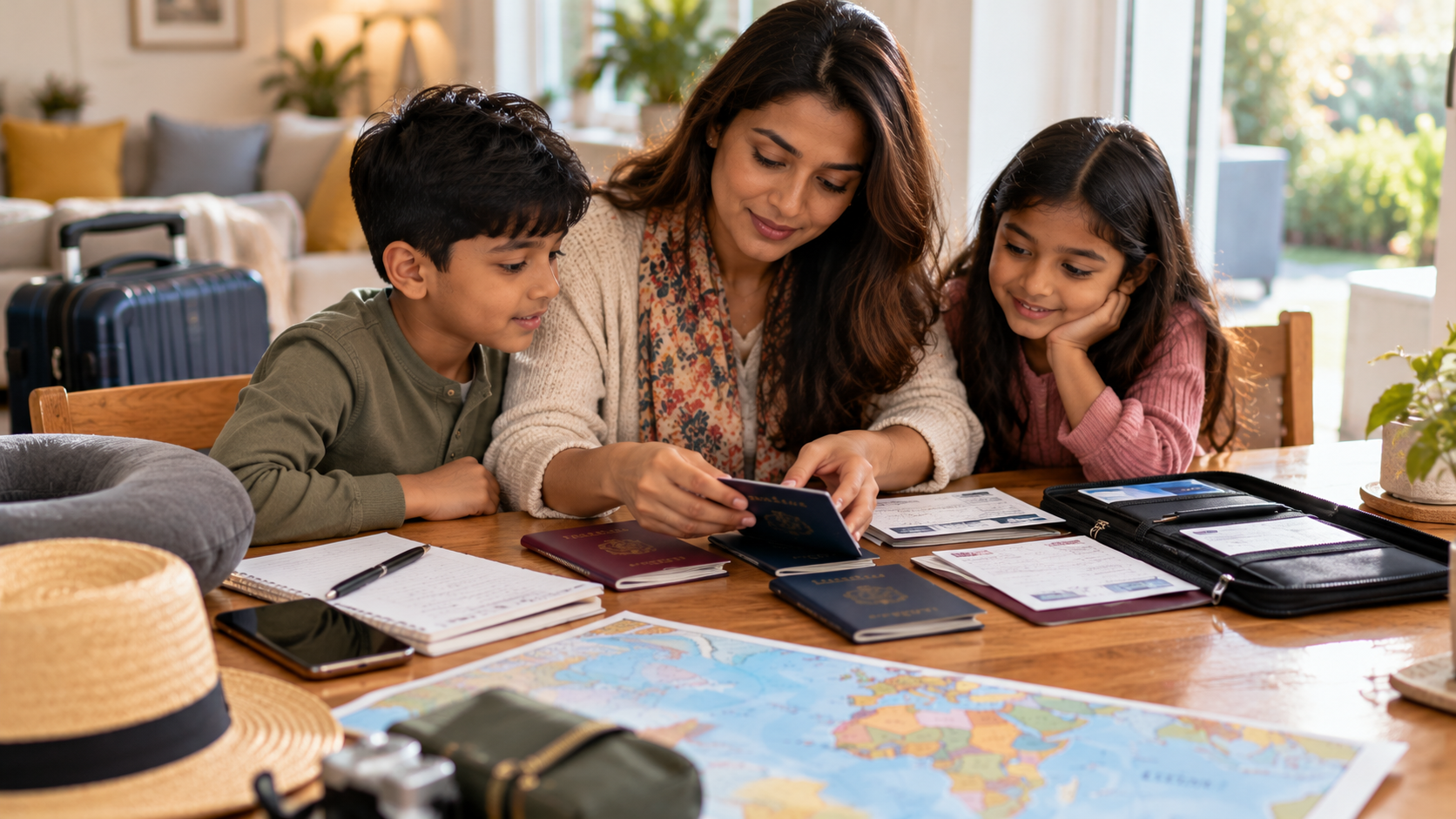 Asian mother organising children's passports and travel documents for a Ghana trip with her two children at a table.