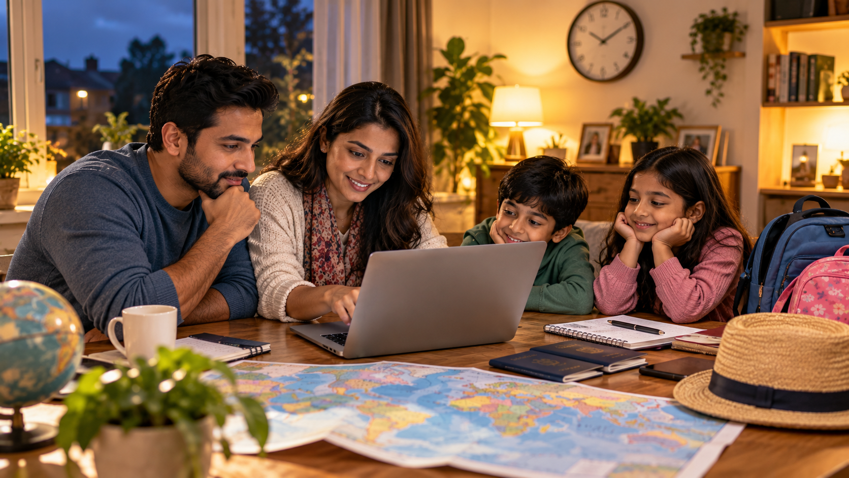 Asian family comparing flight schedules on a laptop while planning a Ghana trip together at home.
