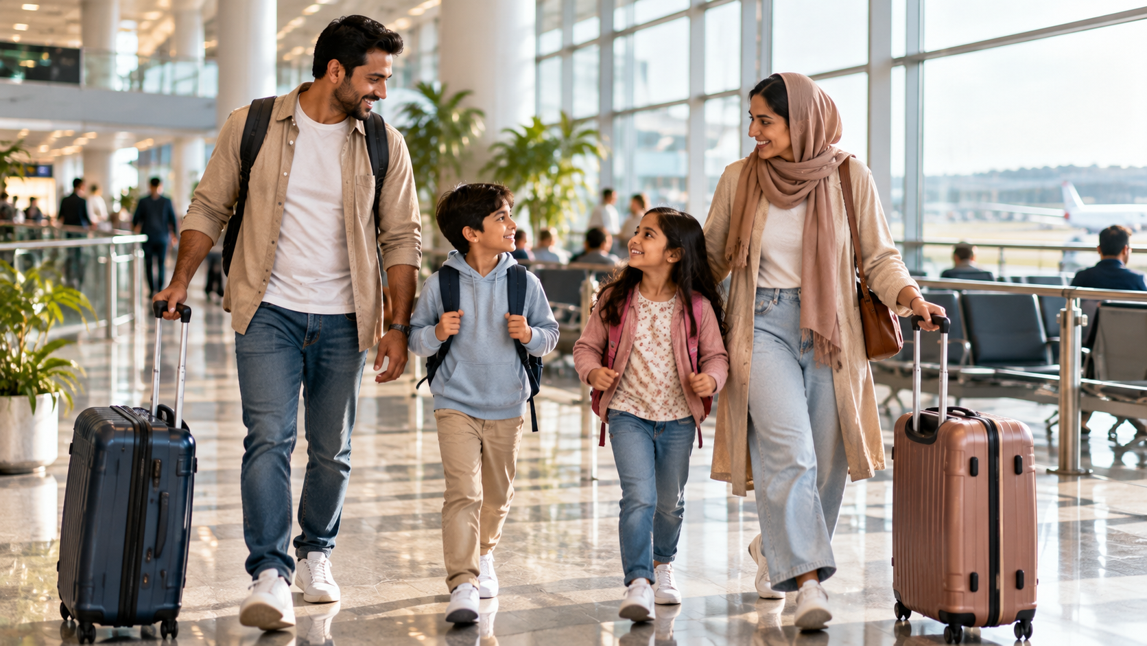 Asian family walking through a modern international airport with children, backpacks and luggage before their flight to Ghana.