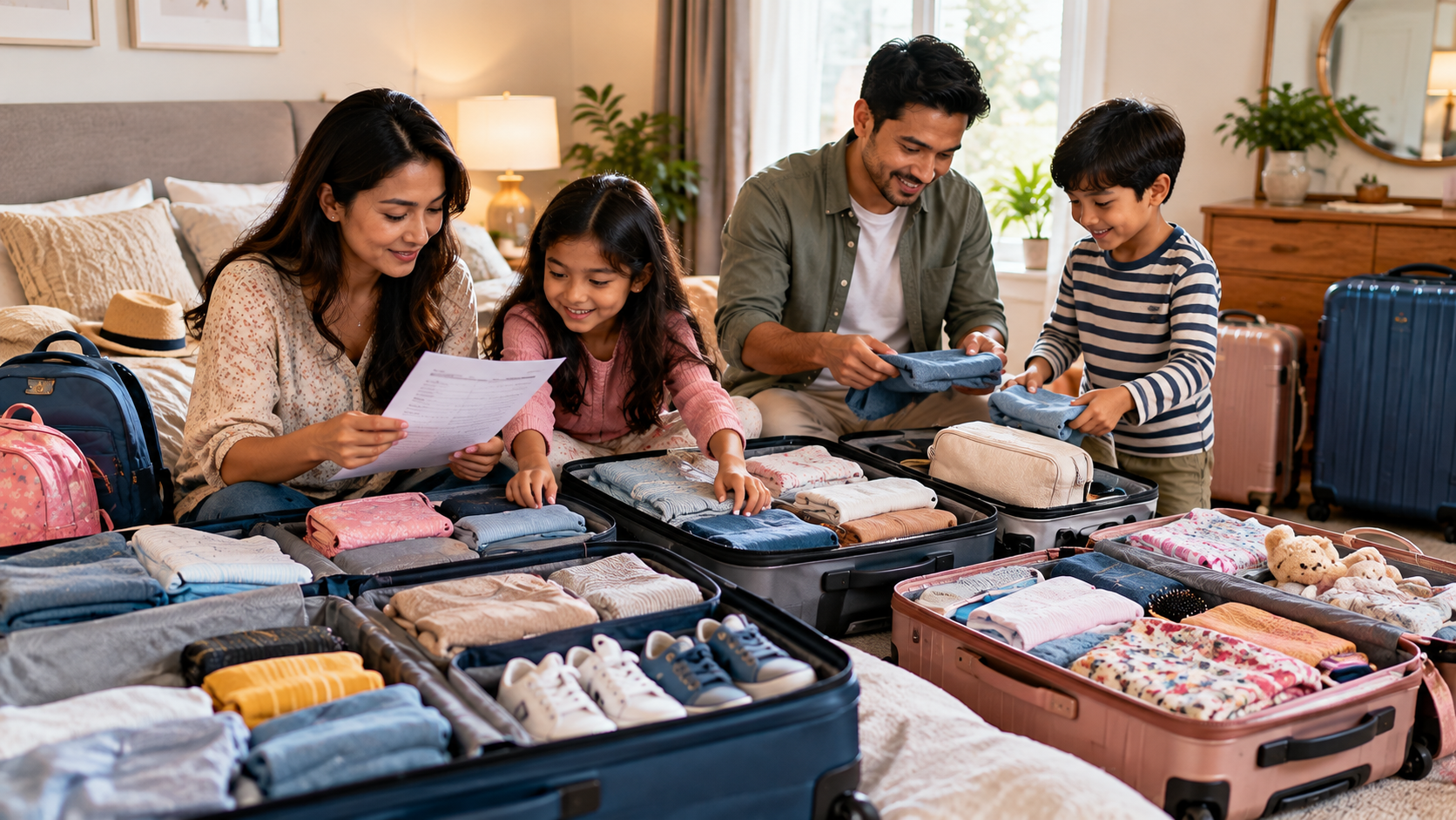 Asian family packing children's clothes, shoes and travel essentials into several suitcases before a trip to Ghana.