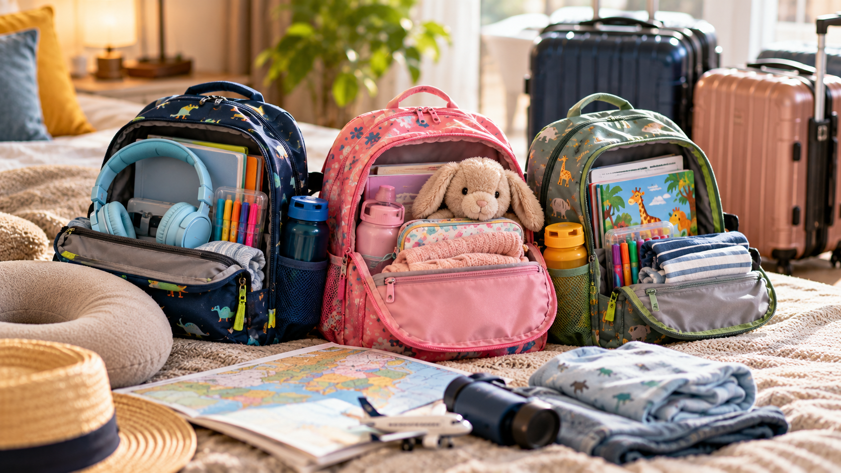Three children’s backpacks packed with headphones, books, colouring supplies, toys and spare clothes for a long-haul family trip to Ghana.