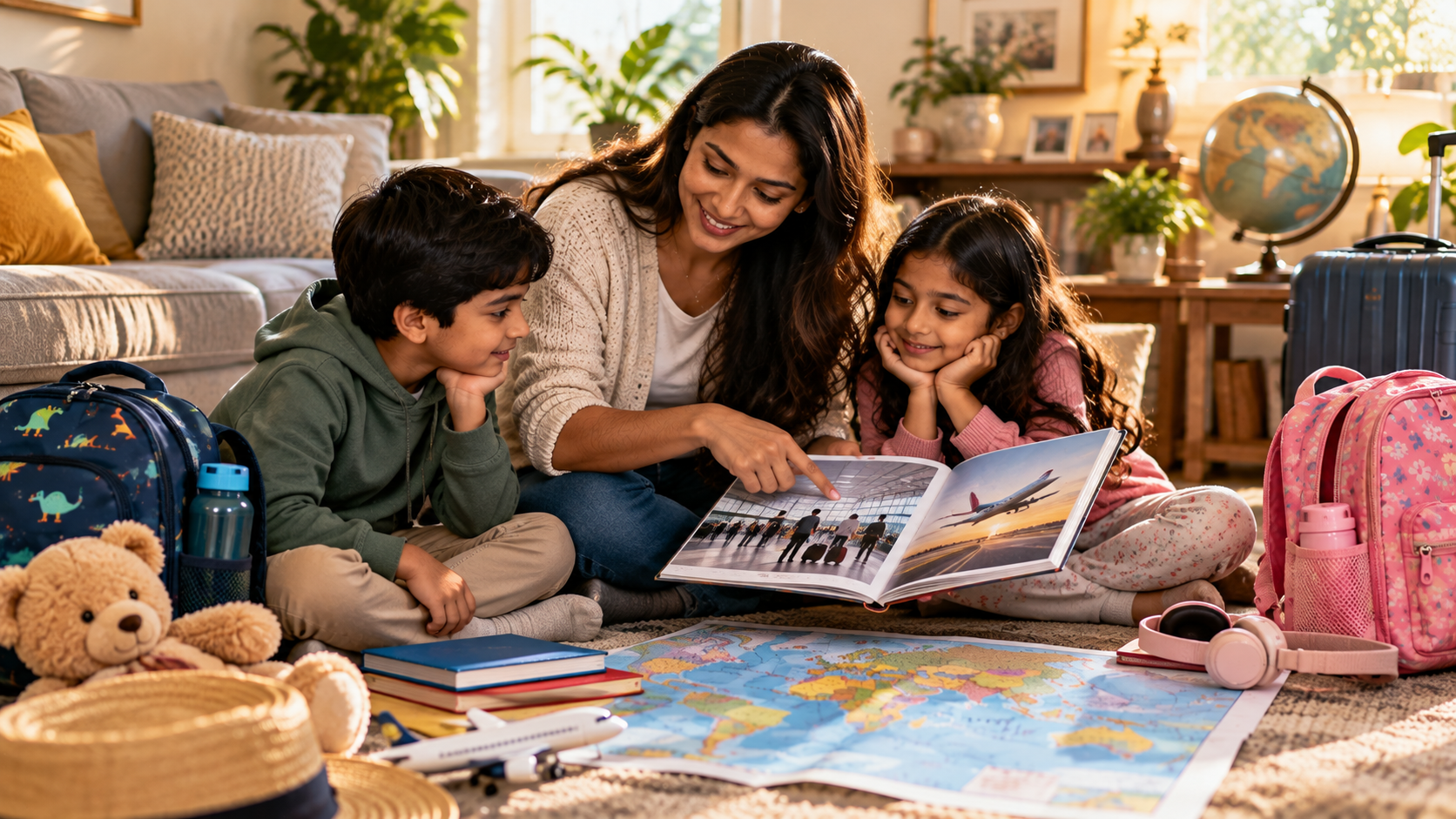 Asian mother explaining the airport journey to two children using a travel book and map at home before their trip to Ghana.