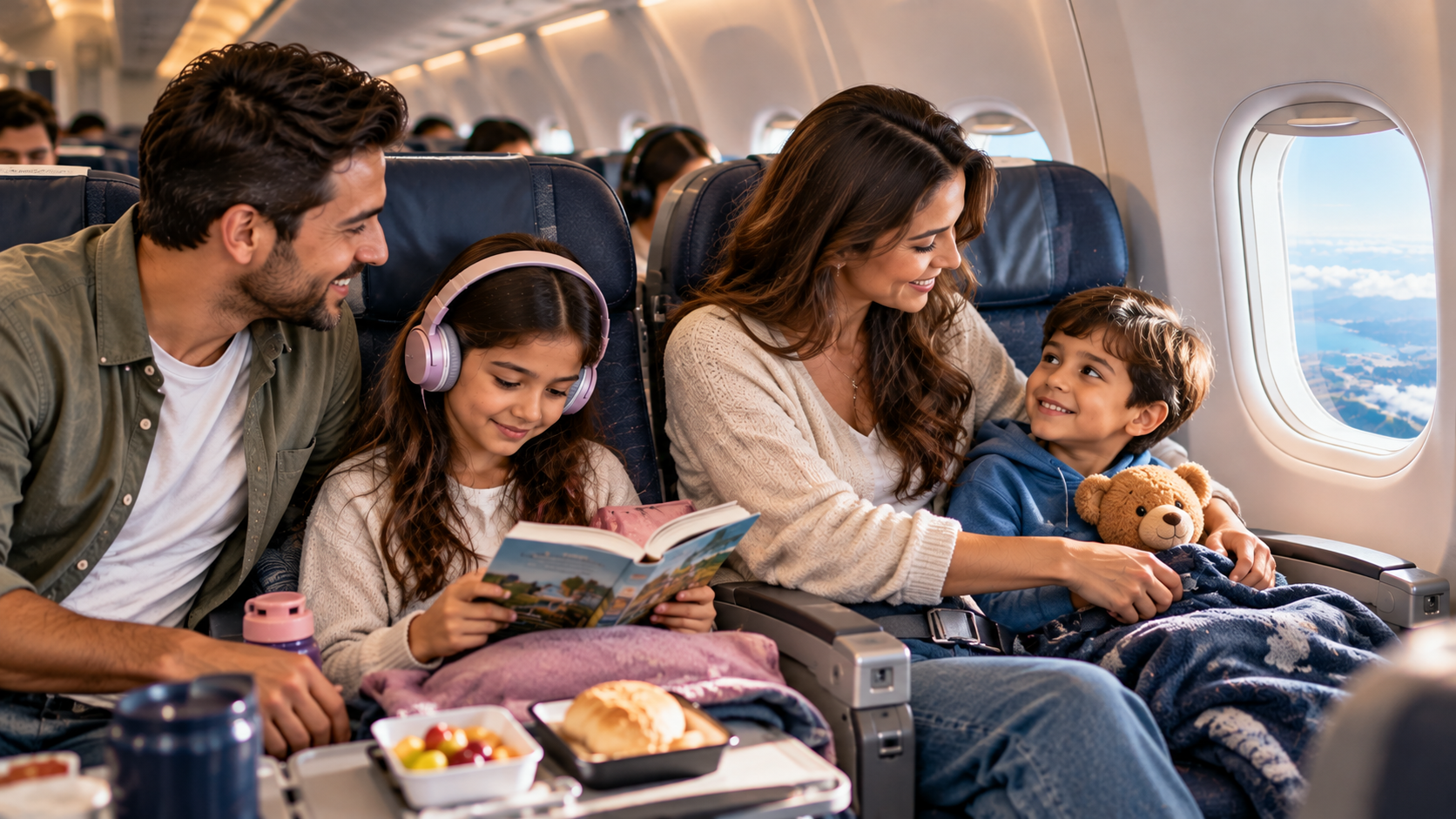 Asian family seated together on a long-haul flight, with a modern woman with long loose hair helping her young son while her daughter reads with headphones.
