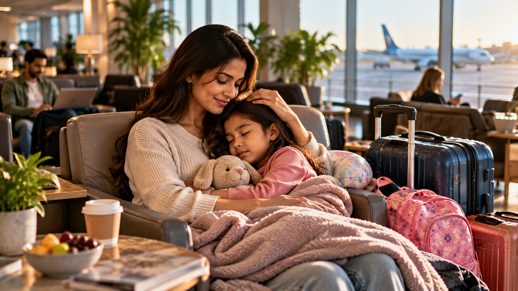 Asian mother comforting a sleeping child in a peaceful airport lounge before a long-haul flight to Ghana.