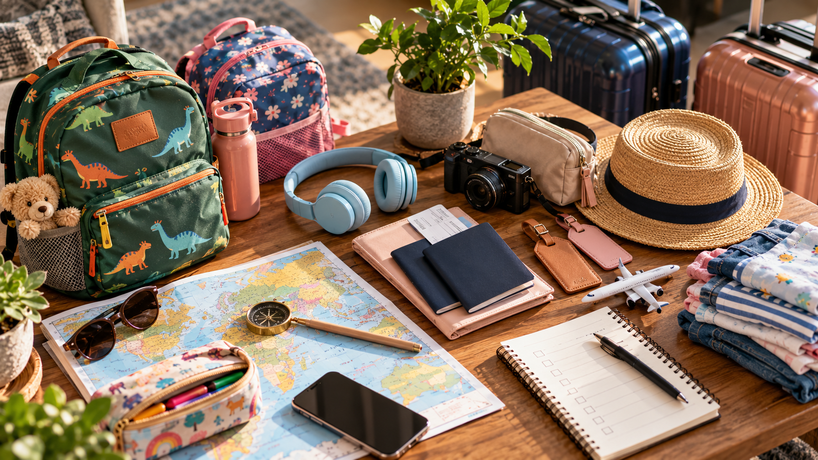 Family travel essentials including passports, children’s backpacks, headphones, luggage tags and a packing checklist arranged on a wooden table before a trip to Ghana.
