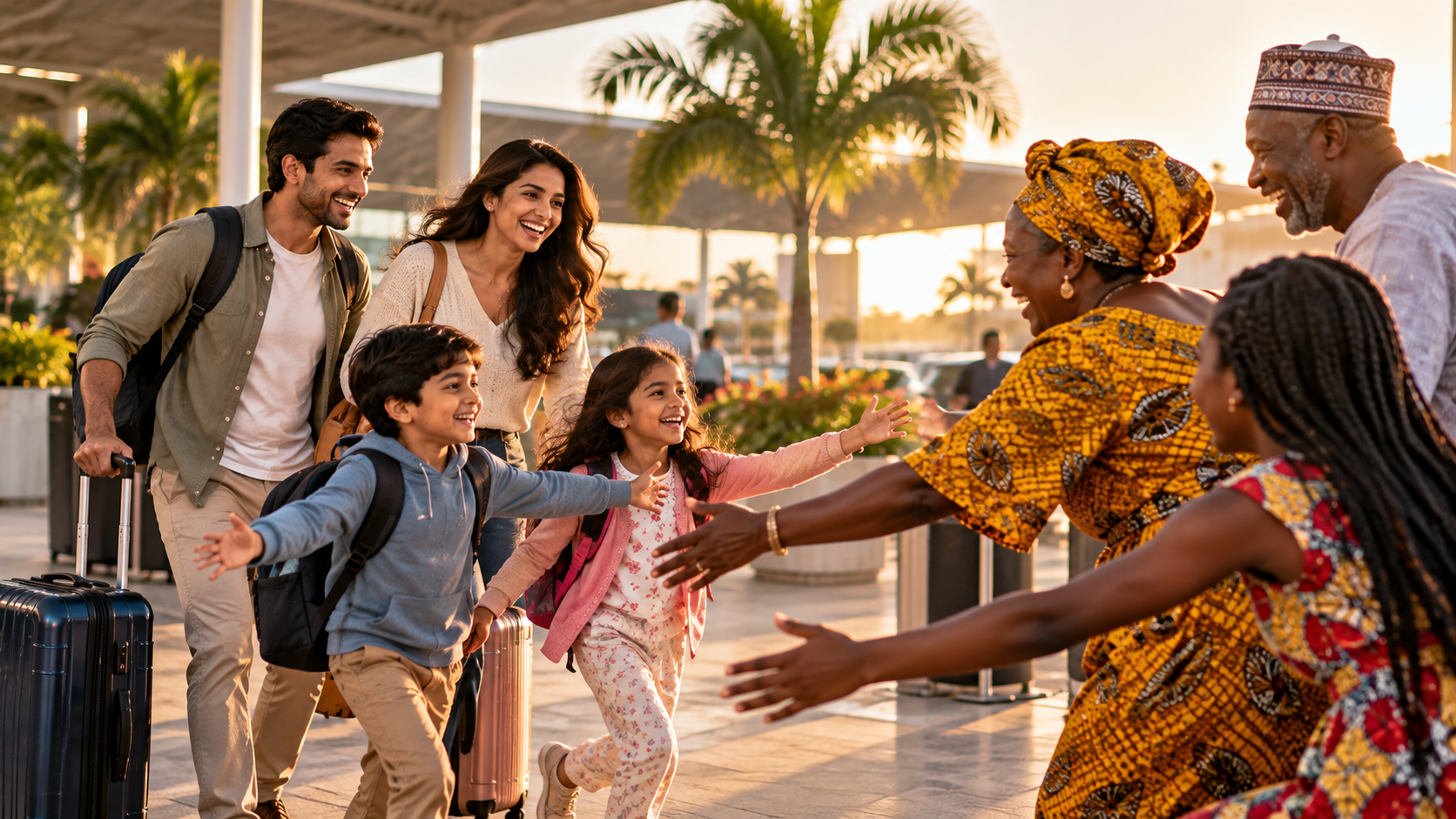 Asian family arriving in Ghana and happily greeting relatives outside an airport during golden hour.
