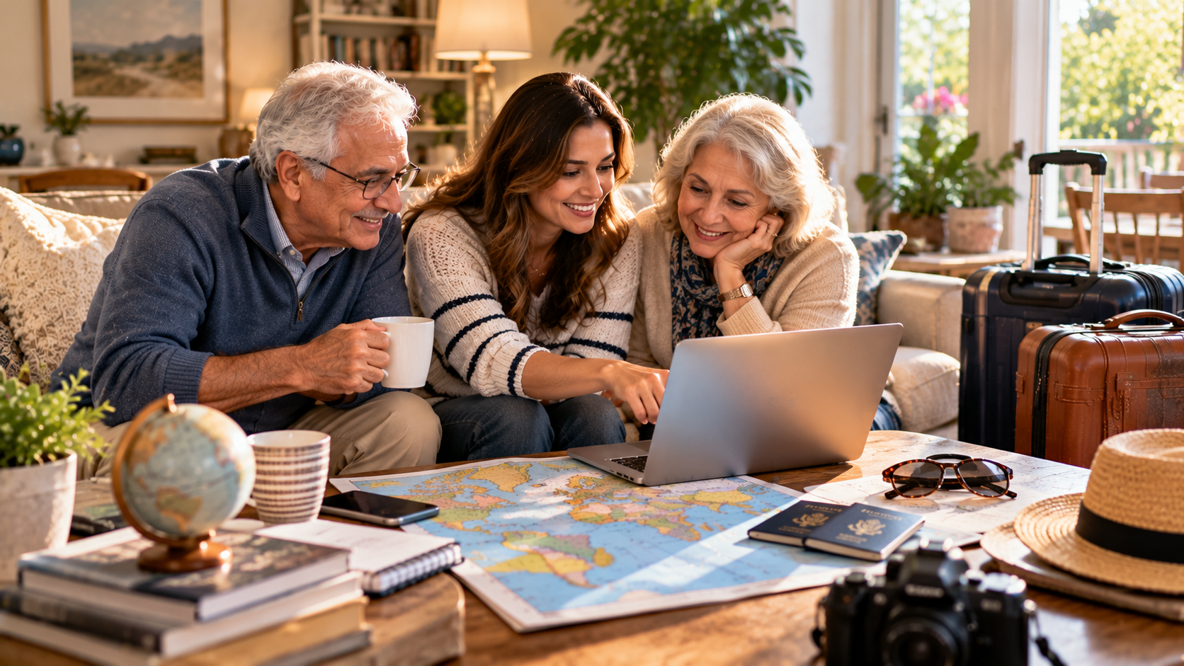 American family planning a trip to Ghana together in a cozy living room with a laptop, world map, passports and luggage.