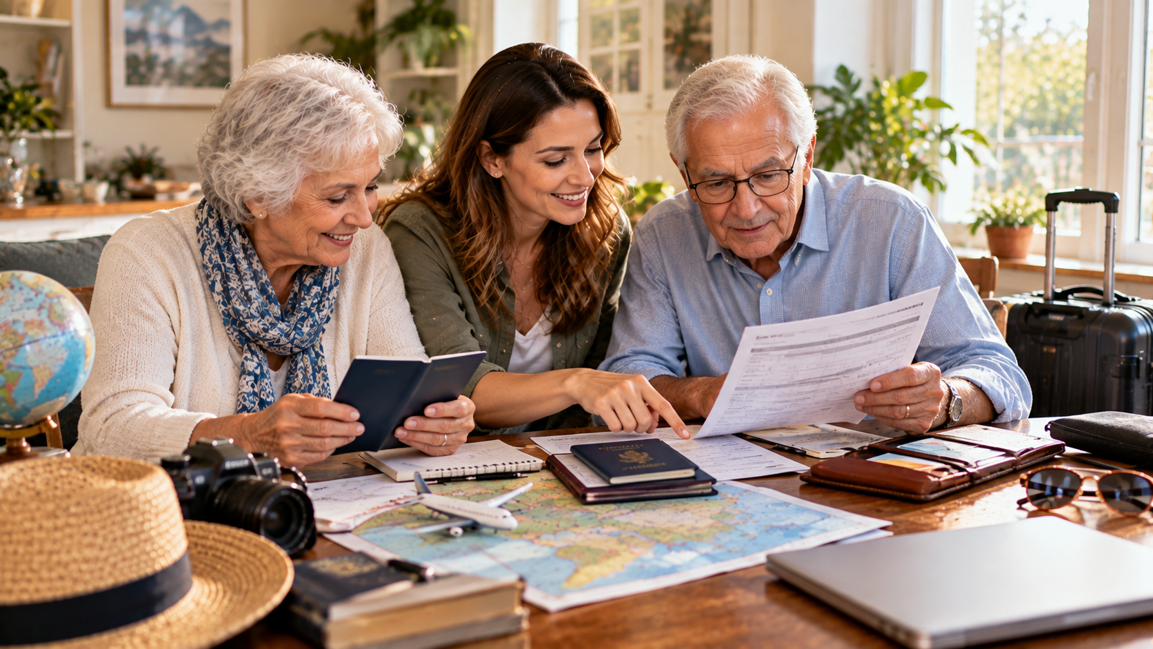 Elderly couple and adult daughter checking passports, Ghana travel documents and health paperwork at home before their trip.