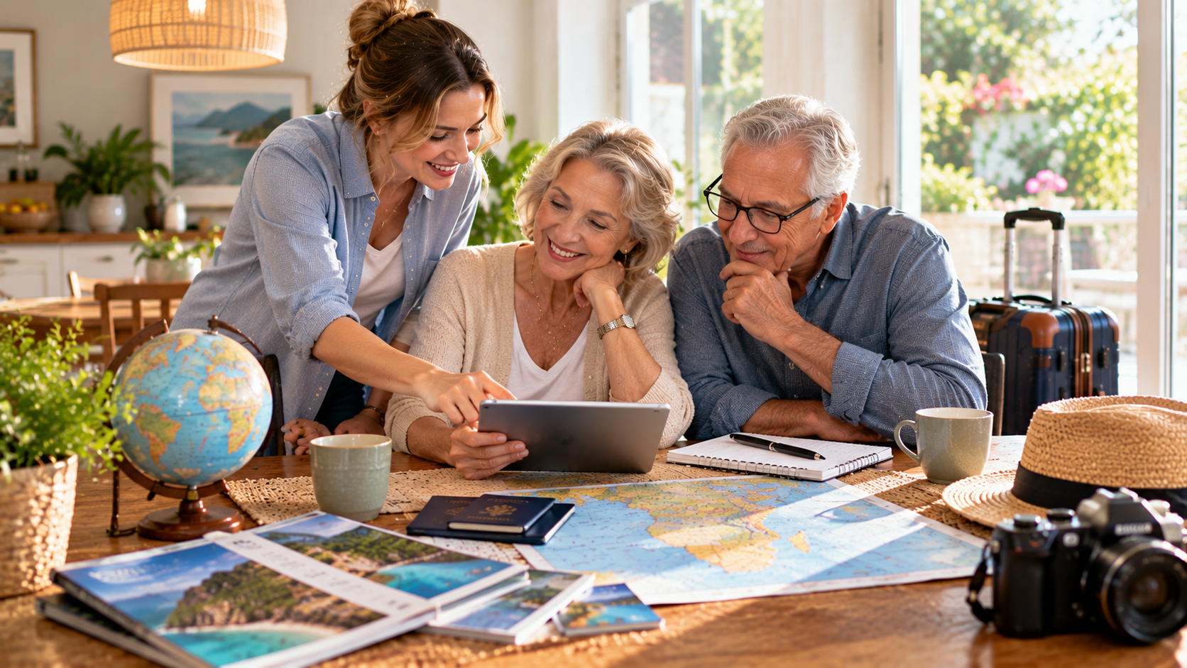 American family comparing Ghana flight options on a tablet with a world map, passports and travel materials spread across a dining table.
