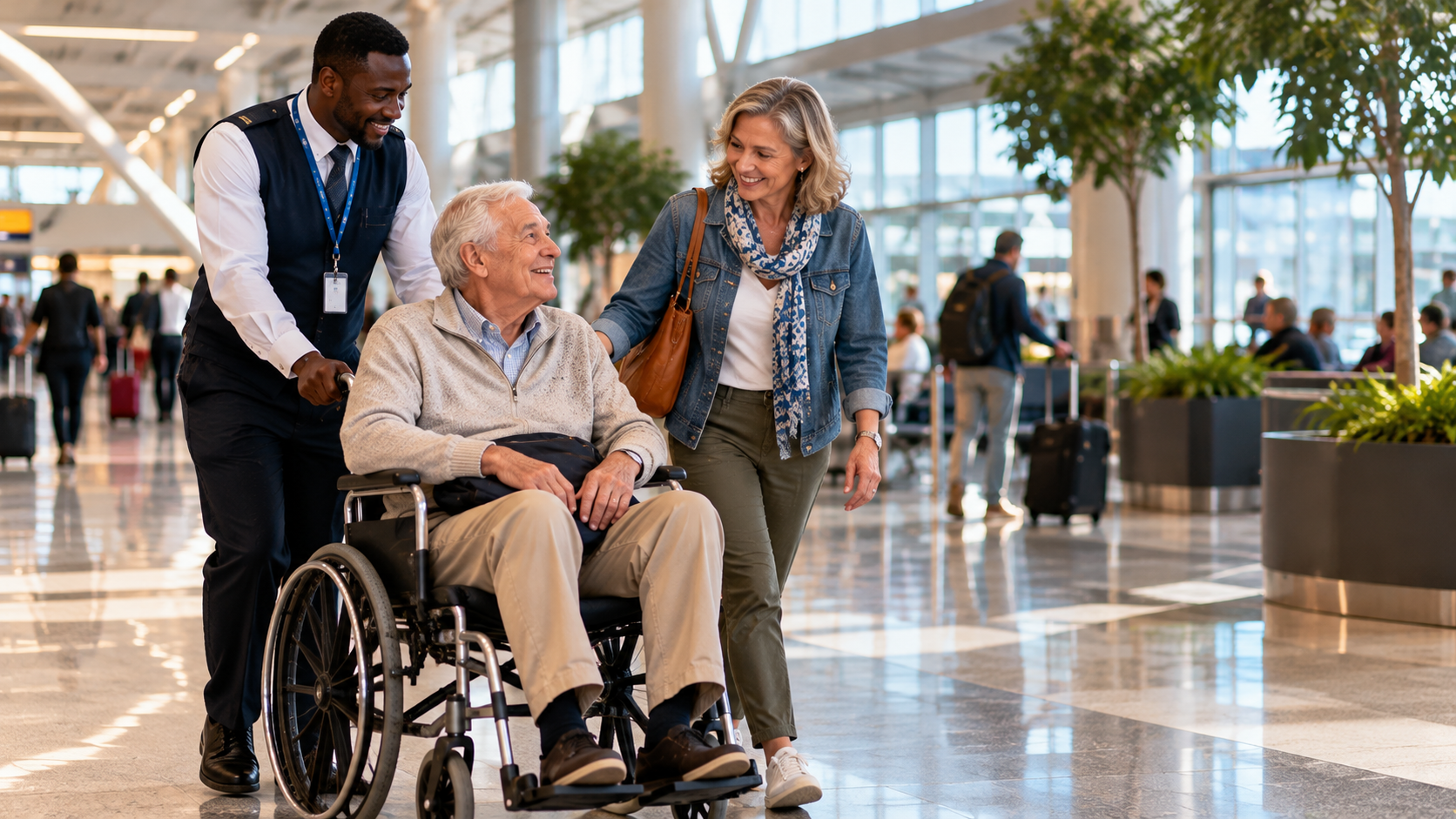 Airport staff assisting an elderly man in a wheelchair through a modern international terminal while his daughter walks beside him.