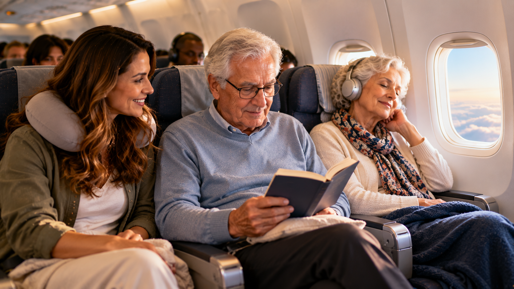 Family travelling to Ghana on a long-haul flight, with an elderly couple seated comfortably beside their adult daughter in an economy-class cabin