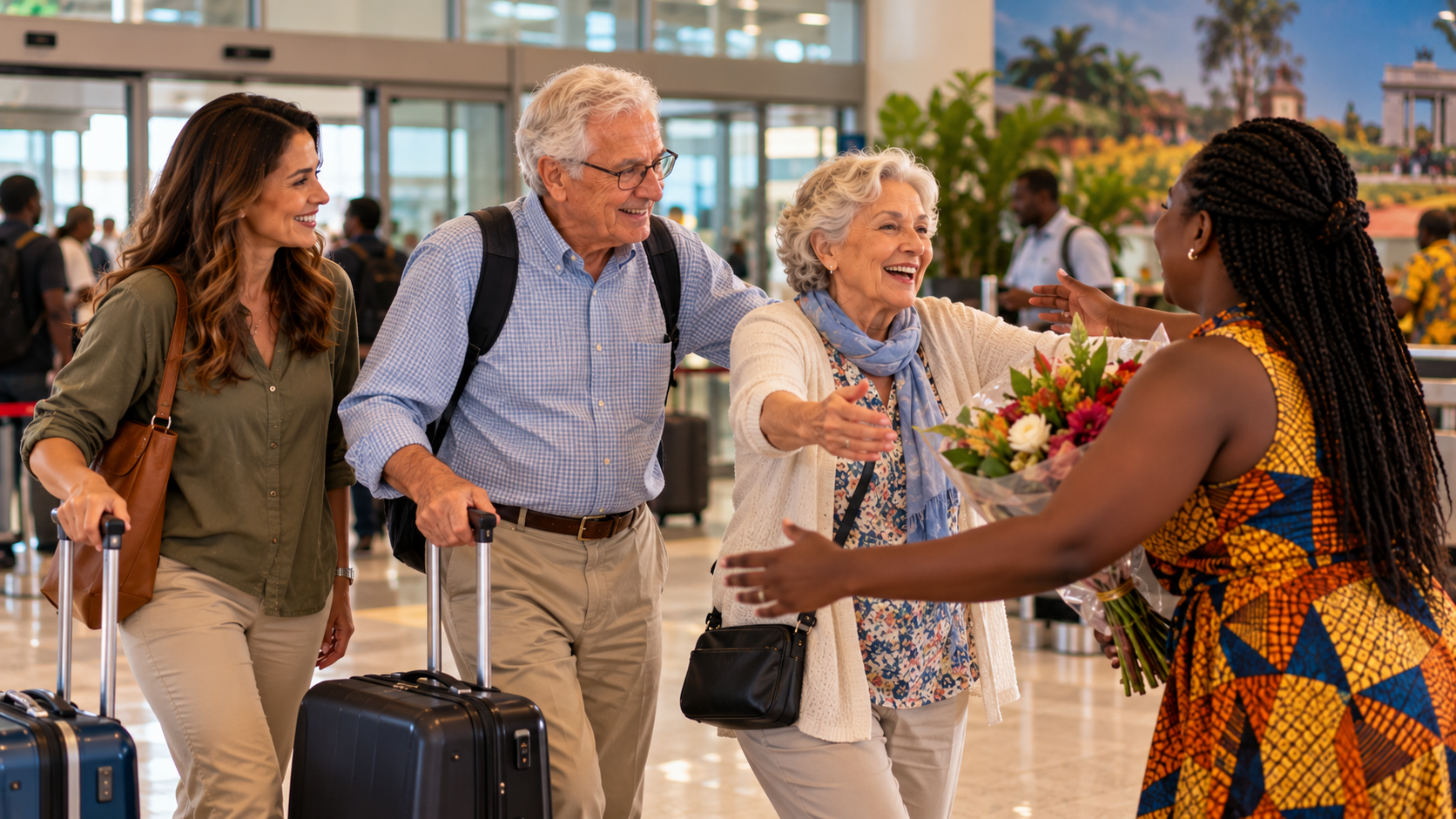 Elderly couple arriving at Kotoka International Airport in Accra and warmly reunited with family members after their flight from the UK.