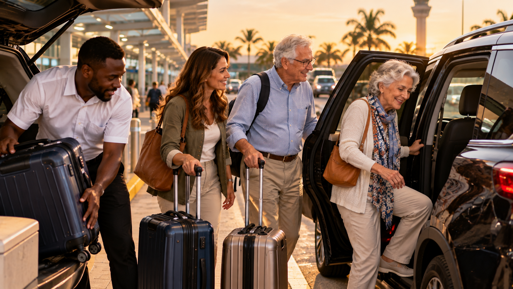 Elderly couple and adult daughter getting into a pre-arranged vehicle outside a Ghana airport while a driver loads their luggage at sunset.