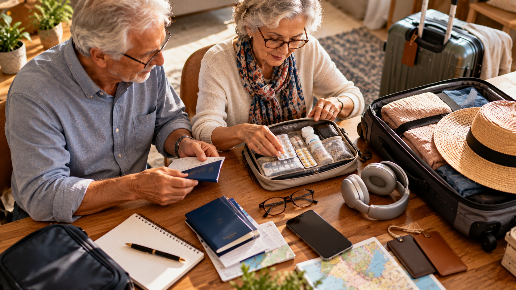 Elderly couple preparing for a Ghana trip with passports, medication, travel documents, headphones and luggage arranged on a wooden table.