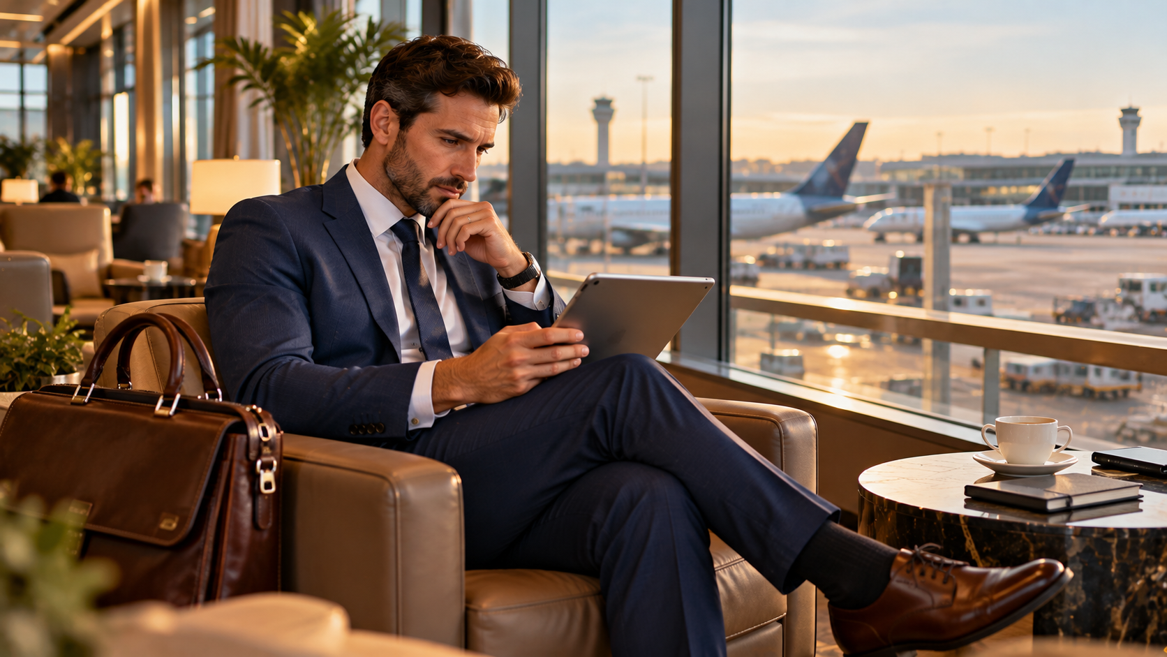 Business traveller reviewing flight itinerary options on a tablet in an airport lounge with a leather briefcase and aircraft visible through the terminal windows.