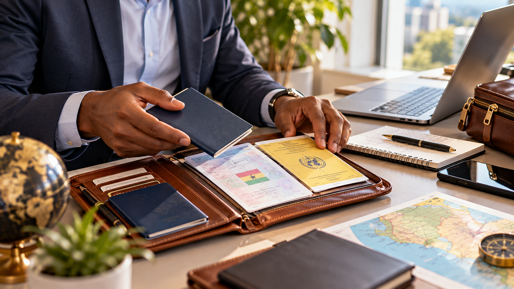 Business traveller organising a passport, Ghana visa documents and yellow fever certificate in a leather travel wallet before a work trip.