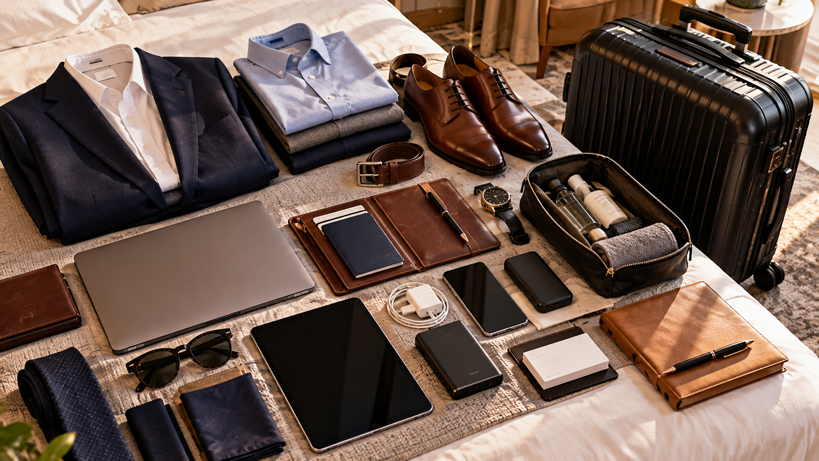 Business travel essentials neatly arranged for a Ghana trip, including a suit, dress shoes, laptop, tablet, passport wallet, chargers, toiletries and carry-on suitcase.