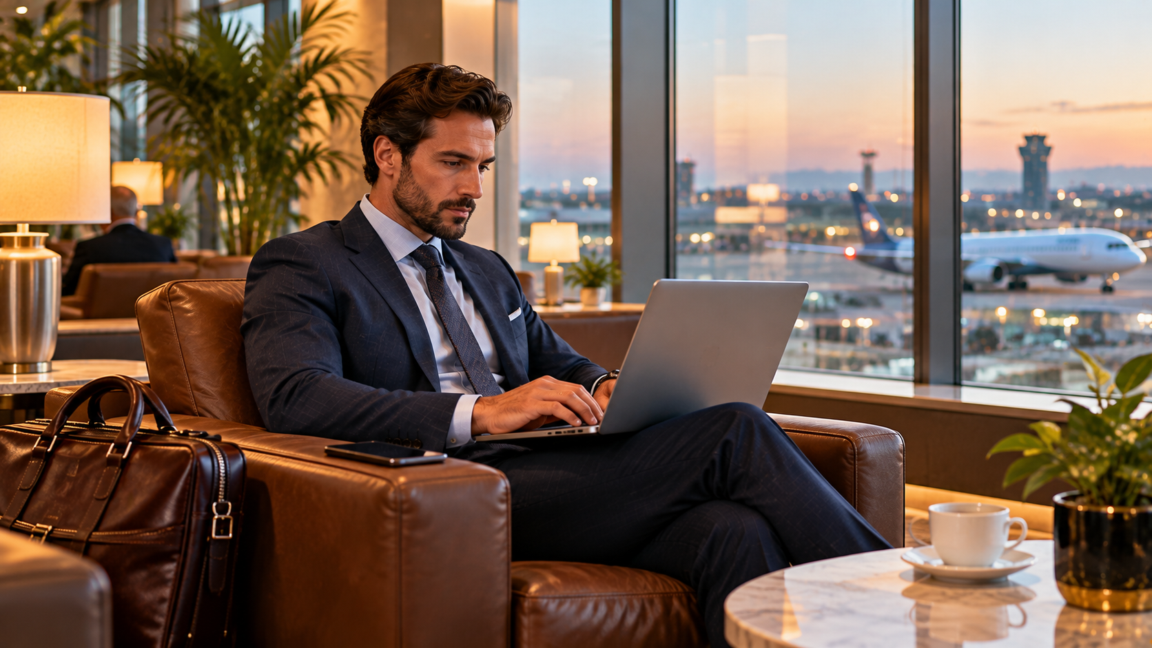Business traveller working on a laptop in an airport lounge after a flight disruption, with a leather briefcase and terminal views in the background.