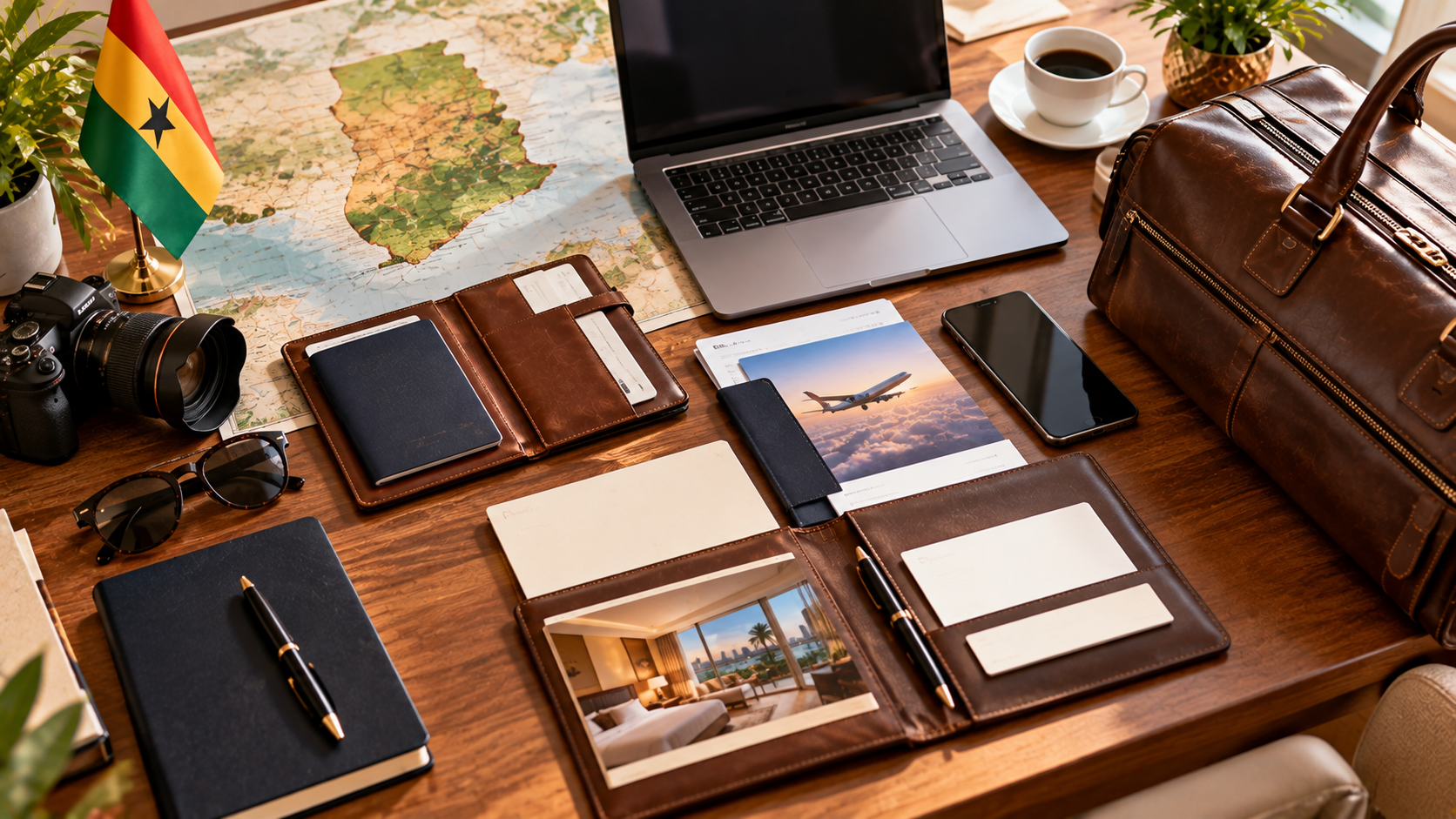 Business travel essentials for a Ghana trip arranged on a wooden desk, including a passport wallet, laptop, smartphone, travel documents, notebook, Ghana map and leather briefcase.