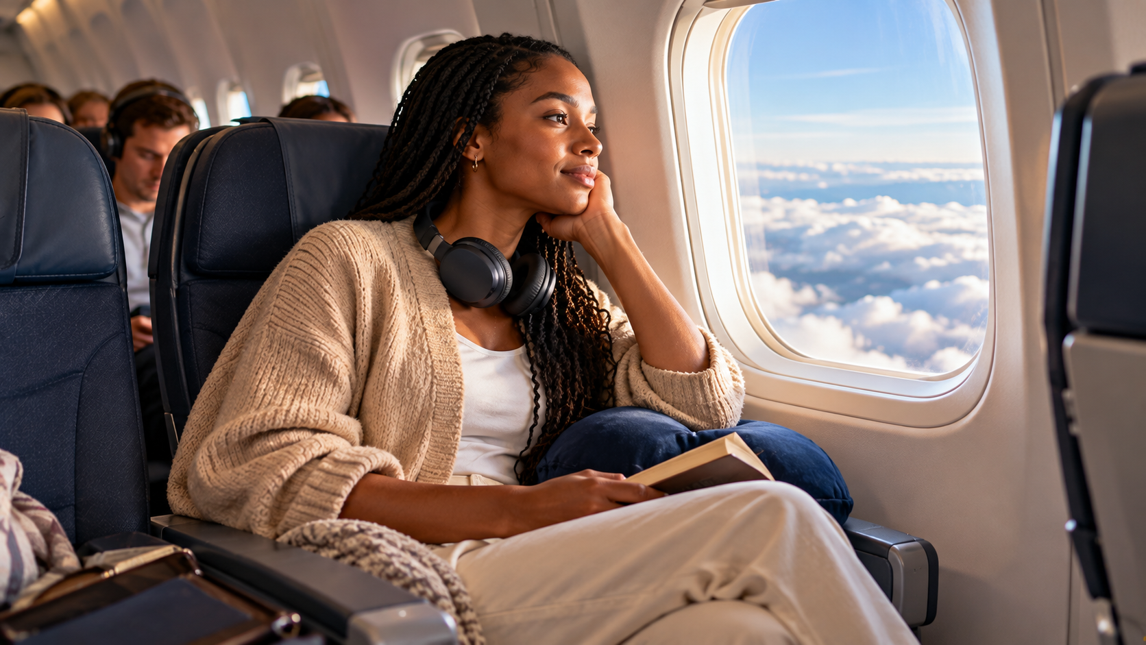 First-time Ghana traveller relaxing by the window on a long-haul flight, looking at the clouds with headphones and a book.