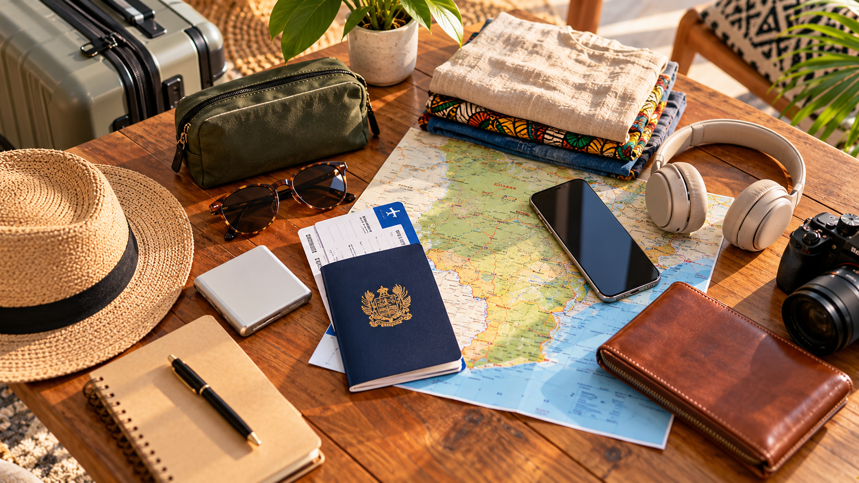 Ghana travel essentials arranged on a wooden table, including a passport, boarding pass, headphones, phone, camera, sunglasses, travel wallet and Ghana map.