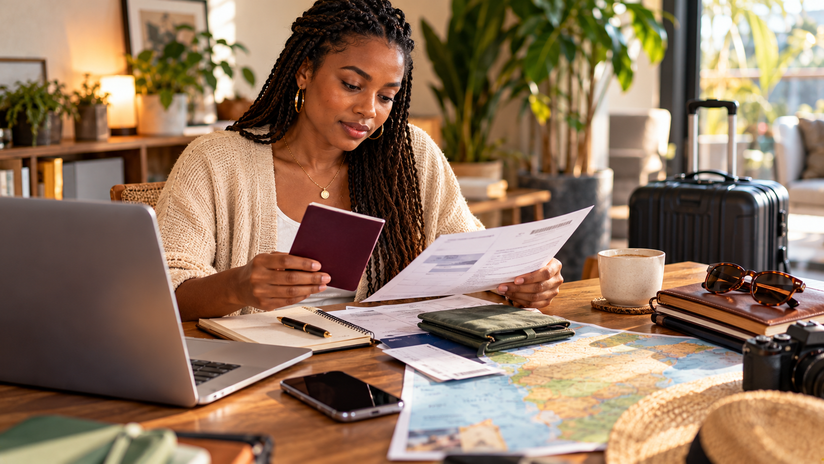 Black British traveller reviewing a passport, Ghana visa documents and travel plans at a modern home desk before a trip to Ghana