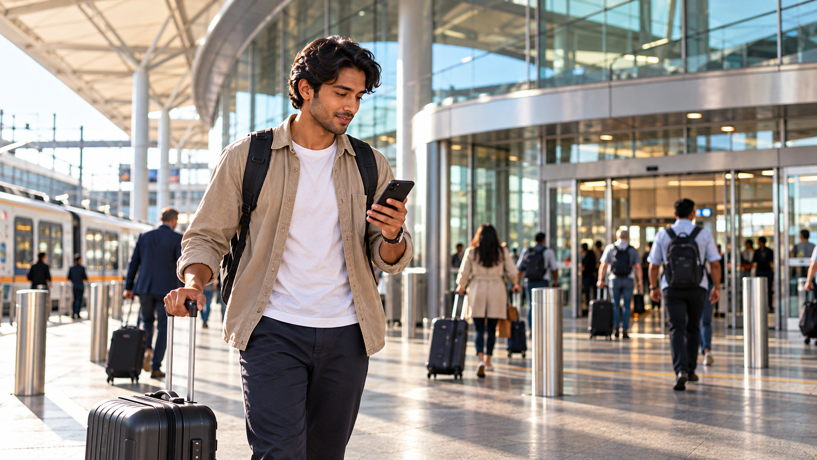 Asian male traveller arriving at a London airport by train, checking his phone while pulling a carry-on suitcase toward the terminal.