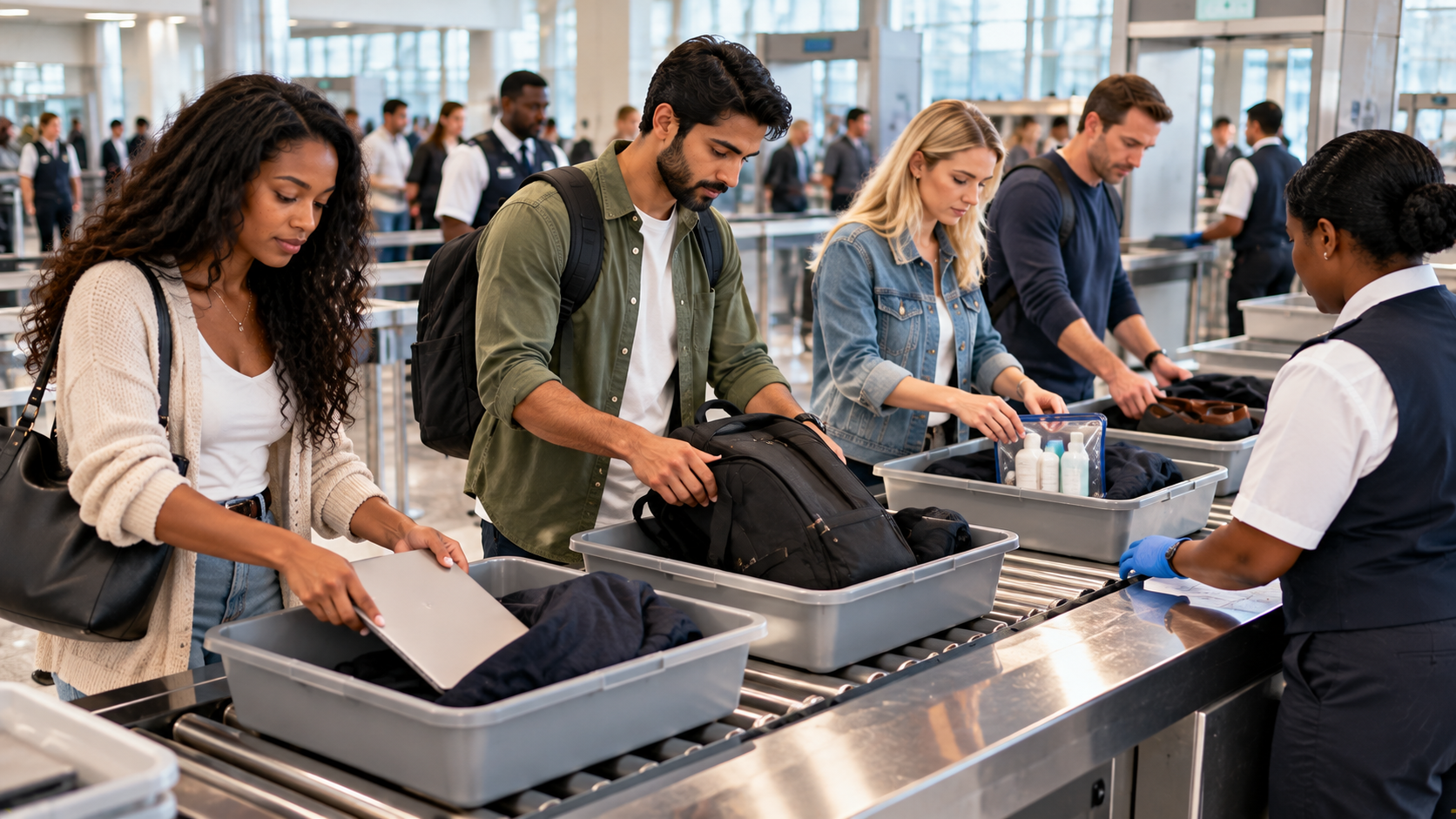 Diverse travellers preparing laptops, bags and liquids in security trays at a modern UK airport checkpoint with staff assisting.