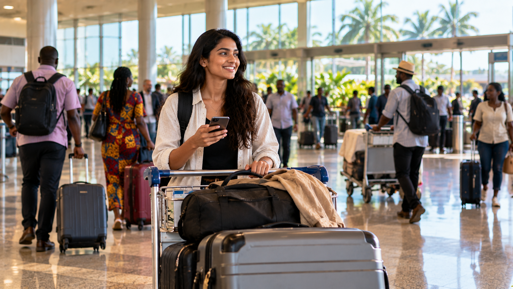 South Asian woman arriving at a Ghana airport with a baggage trolley, checking her phone while heading toward the exit.