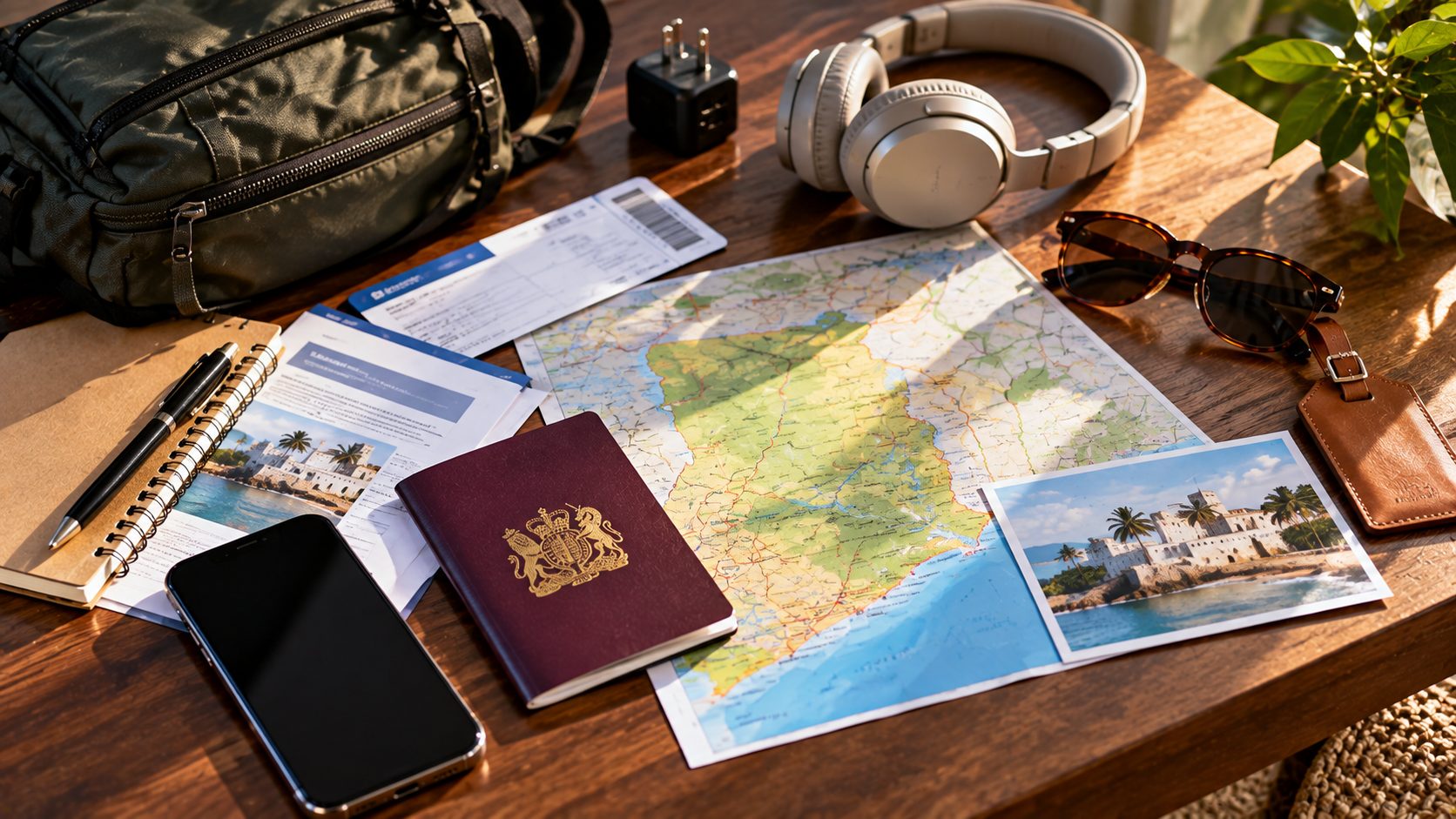 Ghana flight planning essentials arranged on a wooden desk, including a passport, boarding pass, Ghana map, travel insurance documents, headphones, charger, sunglasses and luggage tag.