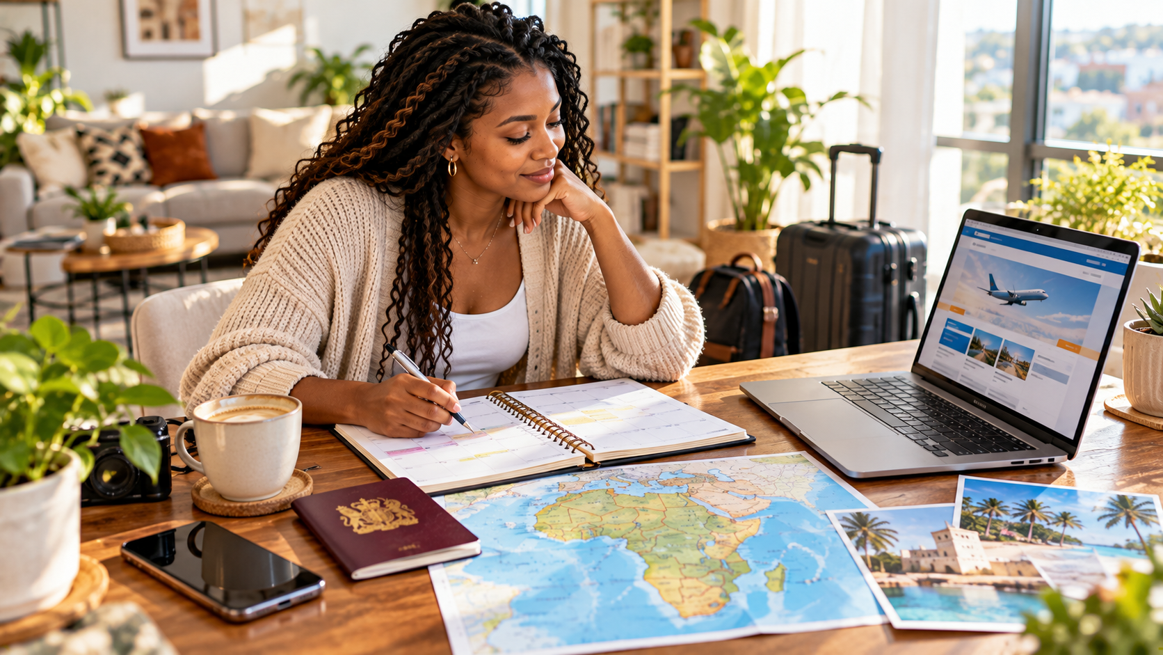 Black British woman planning a Ghana trip at home, reviewing a travel calendar and flight options on a laptop beside her passport and travel map.