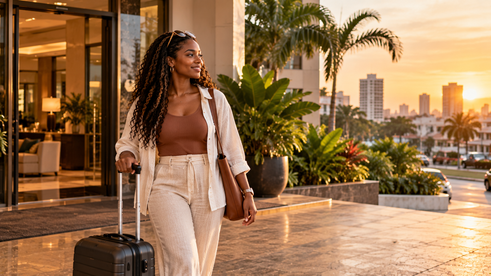 African-American female traveller arriving at a stylish Accra accommodation with a carry-on suitcase during golden hour, surrounded by tropical plants and city views.