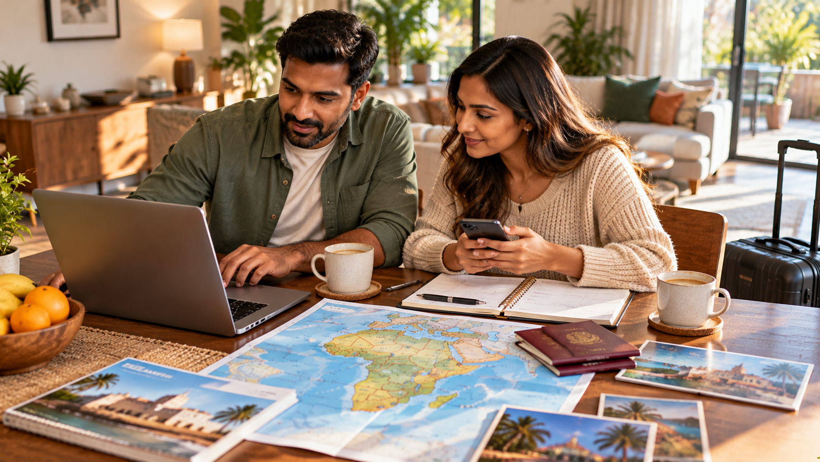 Asian British couple planning a Ghana family trip at home, comparing schedules on a laptop and phone with passports, notebooks and a travel map.