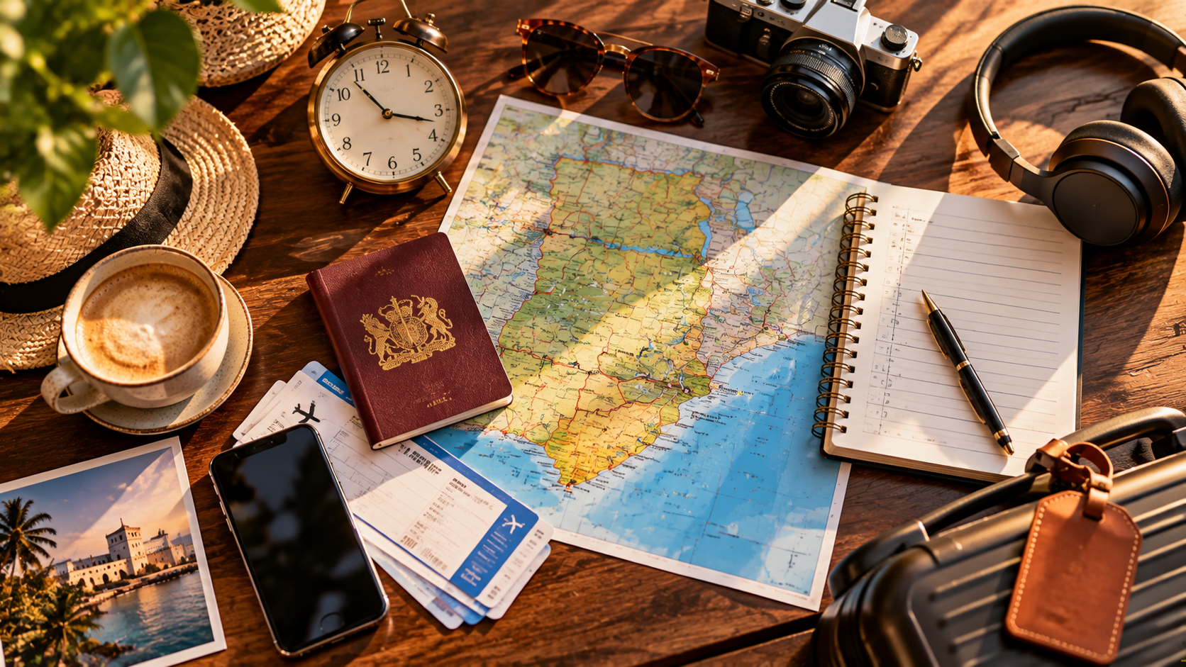 Ghana flight planning arrangement with a Ghana map, passport, boarding pass, analogue clock, smartphone, travel notebook, headphones, sunglasses and luggage tag on a wooden desk.