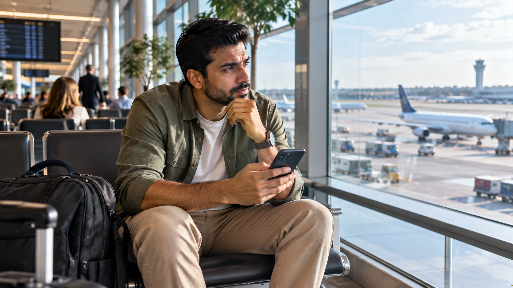 South Asian male traveller checking his smartphone in a UK airport lounge after a flight disruption, with his backpack beside him and aircraft visible through the terminal windows.